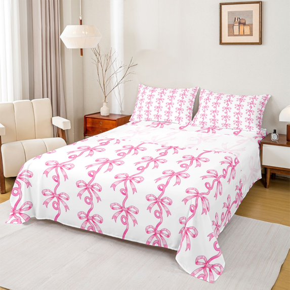 Homewish Princess Bowknot Kids Full Size Sheets, Pink Watercolor Ribbon Bed Sheets, Cute Bow-tie Theme Sheet Sets, Microfiber Bedroom Decor, 4-Piece