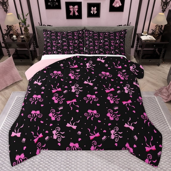 Homewish Princess Bowknot Kids Queen Comforter Set, Black Pink Ribbon Bedding Sets, Dreamy Princess Crown Reversible Bedding Comforter Set, Ultra Soft Bedroom Decor, 3pcs