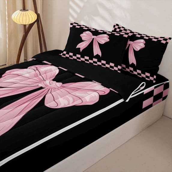 Homewish Princess Bowknot Zipper Twin Comforter Sets with Fitted Sheet and 2 Pillowcases for Girl, Black Pink Grid Checkered Zipper Bedding Set, Black Reversible, 4-Piece