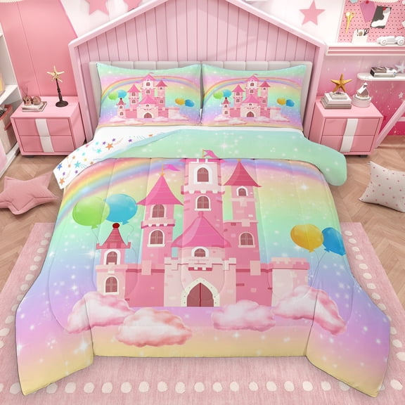 Homewish Princess Castle Bedding Comforter Set 2pcs for Kids Children Teens,Gradient Ombre Twin Comforter Sets Microfiber,Starry Sky Breathable Bedding Set,Ultra Soft Home Decor,Reversible