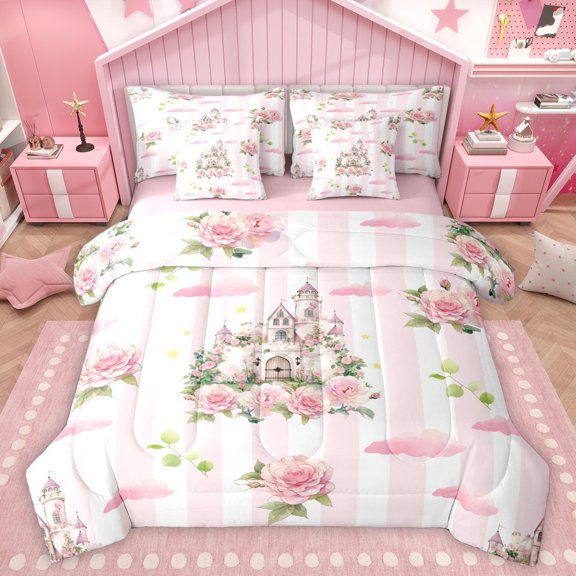 Homewish Princess Castle Bedding Comforter Set 7pcs for Kids Children Teens,Floral Flowers Rose Queen Bedding Sets Super Cozy,Geometric Stripes Queen Sheet Sets,Ultra Soft Home Decor,Reversible