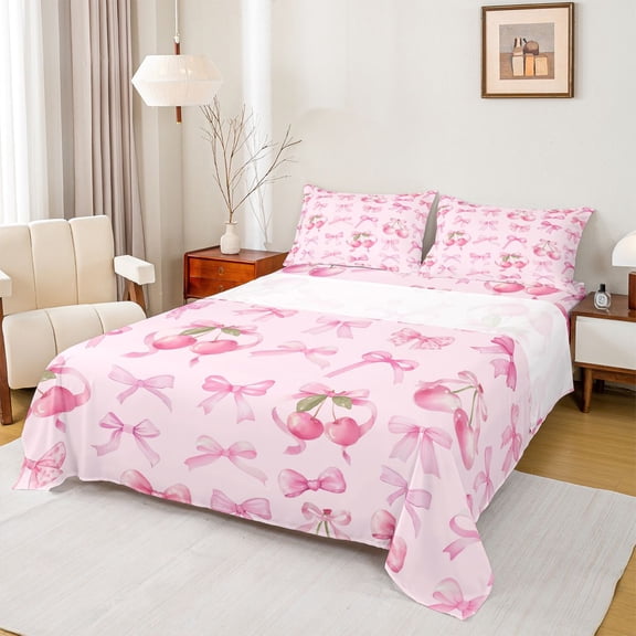 Homewish Princess Cherry Fruit Bed Sheets, Kawaii Watercolor Bowknot King Sheets, Teens Kids Girls Sheet Set, Lightweight Room Decor, 4 Pieces