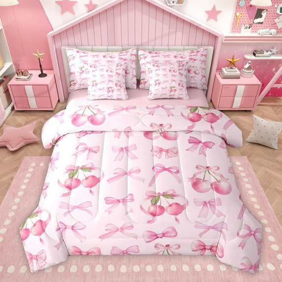 Homewish Princess Cherry Fruit Twin Bedding Sets 7-Piece, Kawaii Watercolor Bowknot Bedding Comforter Set, Teens Kids Girls Reversible Sheet Sets, Lightweight Room Decor