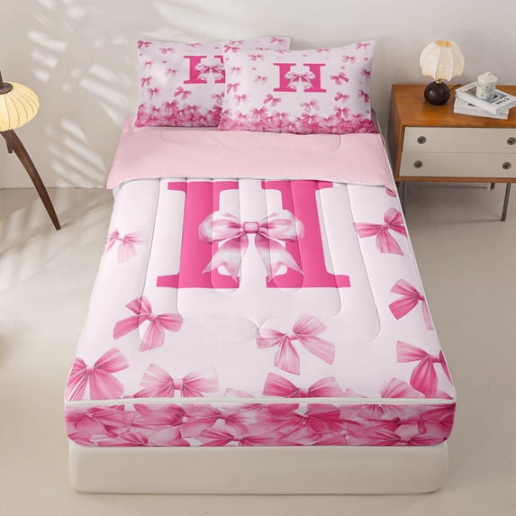 Homewish Princess Letter H Zipper Full Size Comforter Sets with Fitted Sheet and 2 Pillowcases, Cute Ribbon Zipper Bedding Set, Pink Reversible, Pink Reversible, 4 Pieces