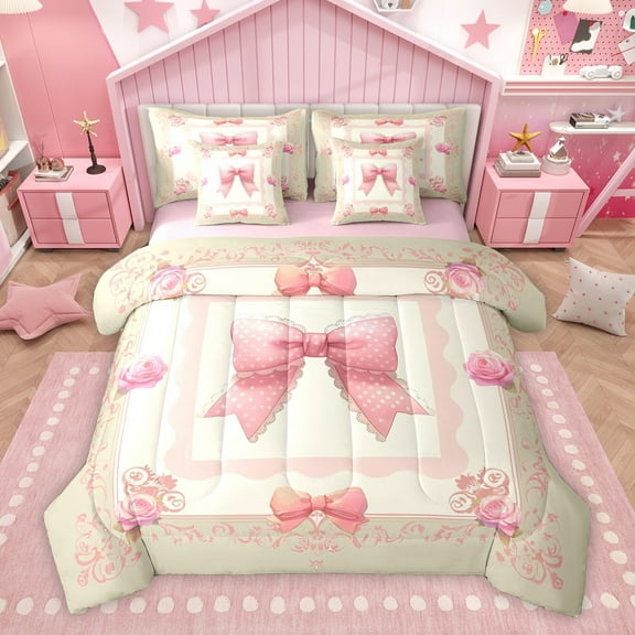 Homewish Princess Pink Bow-tie Bedding Comforter Set 7pcs, Hippie Boho Damask Flower Queen Bedding Sets, Vintage French Style Reversible Queen Sheet Sets, Microfiber Bedroom Decor