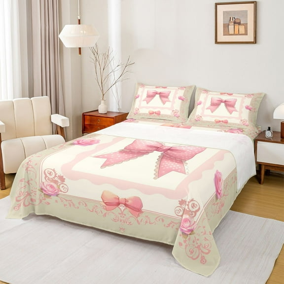 Homewish Princess Pink Bow-tie Twin Sheet Sets, Hippie Boho Damask Flower Twin Fitted Sheet, Vintage French Style Flat Sheet, Microfiber Bedroom Decor, 3-Piece