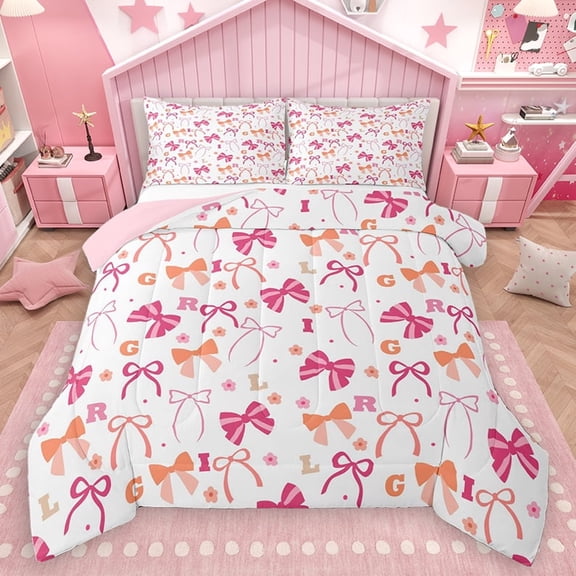 Homewish Princess Pink Bowknot Queen Comforter Set, Dreamy Cartoon Bedding Sets, Blossoms Floral Flower Reversible Bedding Comforter Set, Microfiber Bedroom Decor, 3-Piece