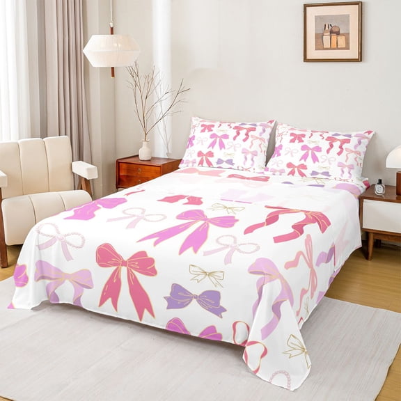 Homewish Princess Pink Ribbon Twin Sheet Sets for Kids, Chic Fashion Ribbon Twin Fitted Sheet, Cartoon Bow Theme Flat Sheet, Ultra Soft Bedroom Decor, 3pcs