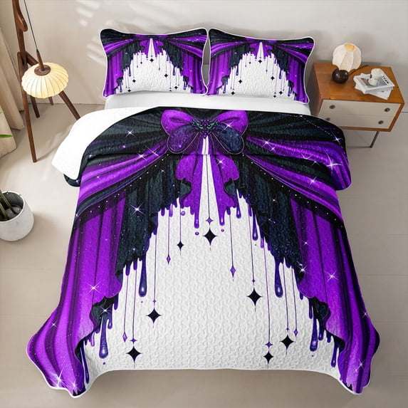 Homewish Princess Quilt Full for Girls, Black Purple Bowtie Full Bedspread Sets, 3-Piece 1 Coverlet and 2 Pillowcases
