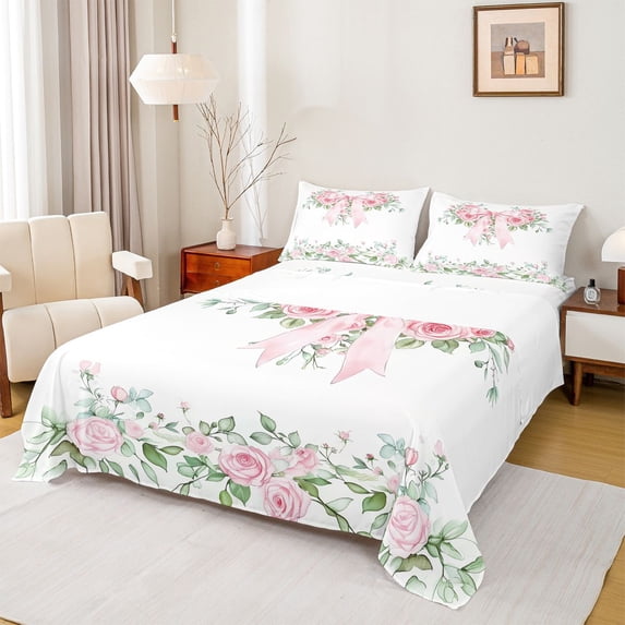 Homewish Princess Ribbon Bow Twin Sheet Sets for Kids, Pink Rose Flower Twin Fitted Sheet, Modern Fashion Flat Sheet, Super Cozy Room Decor, 3 Pieces