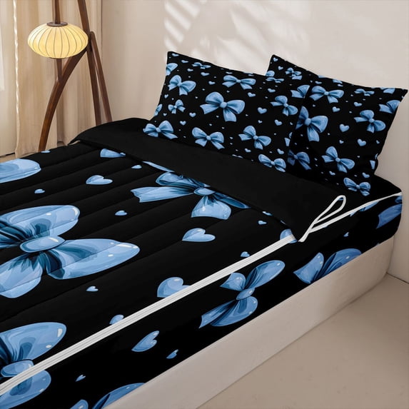 Homewish Princess Ribbon Heart Zipper Twin Comforter Sets with Fitted Sheet and 2 Pillowcases for Girls, Blue Bow Zipper Bedding Set for Kids, Black Reversible, 4-Piece