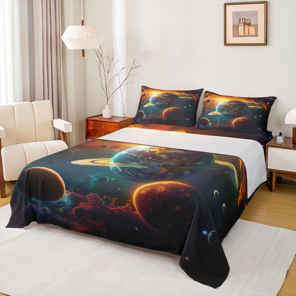 Homewish Psychedelic Galaxy Planet 4 Pieces Queen Sheet Sets for Kids Teens,Outer Space Ultra Soft Flat Sheet,Universe Cosmos Queen Fitted Sheet,Super Cozy Room Decor