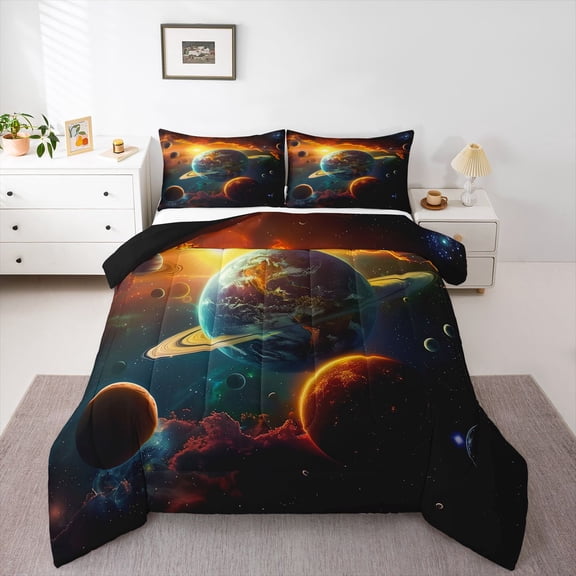 Homewish Psychedelic Galaxy Planet Bedding Comforter Set 2pcs for Kids Teens,Outer Space Twin Comforter Sets Microfiber,Universe Cosmos Breathable Bedding Set,Super Cozy Room Decor,Reversible