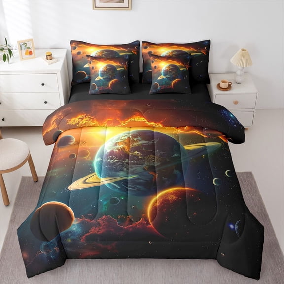 Homewish Psychedelic Galaxy Planet Bedding Comforter Set 7-Piece for Kids Teens,Outer Space King Bedding Sets,Universe Cosmos Ultra Soft Bed Sheets,Super Cozy Room Decor,Reversible