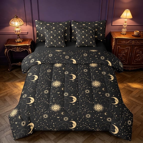Homewish Psychedelic Galaxy Twin Bedding, Moon Sun Stars Bedding Comforter Set, Black Gold, Black Reversible 7 Pieces