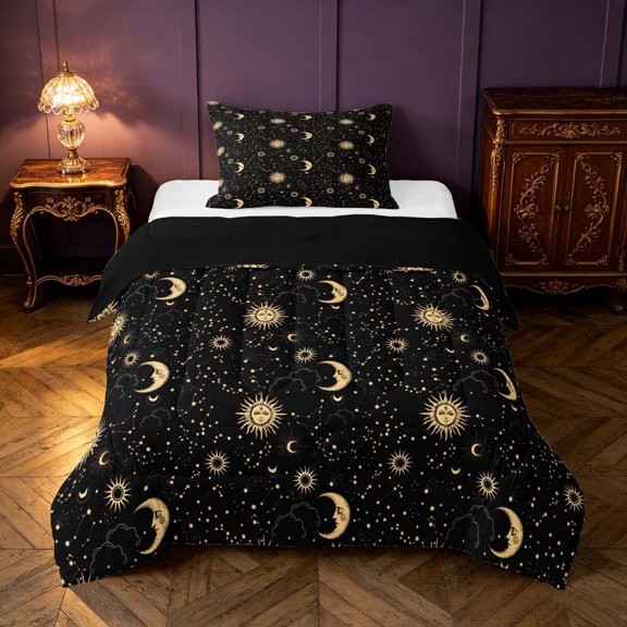 Homewish Psychedelic Galaxy Twin Comforter Sets, Moon Sun Stars Bedding Set, Black Gold, Black Reversible 2pcs, 1 Comforter and 1 Pillowcase
