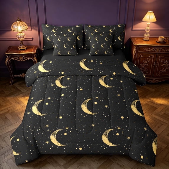 Homewish Psychedelic Stars Moon Full Size Bedding Sets, Black Gold Full Size Bed in a Bag, Black Reversible 7pcs