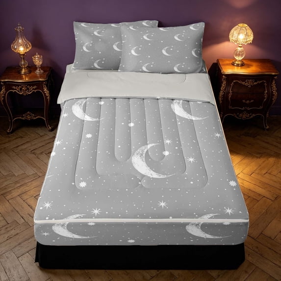 Homewish Psychedelic Stars Moon Zipper Full Size Comforter Sets with Fitted Sheet and 2 Pillowcases, White Gray Zipper Bedding Set, Gray Reversible