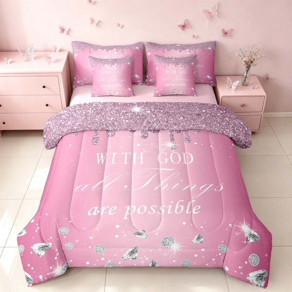 Homewish Psychedelic Stars Queen Bedding for Girls, With God All Things Are Possible Print Bedding Comforter Set Queen, Pink, Pink Reversible, 7pcs