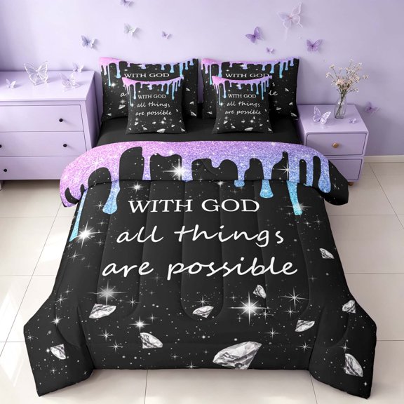 Homewish Psychedelic Stars Twin Bedding for Girls, With God All Things Are Possible Print Bedding Comforter Set, Purple Black, Black Reversible, 7pcs