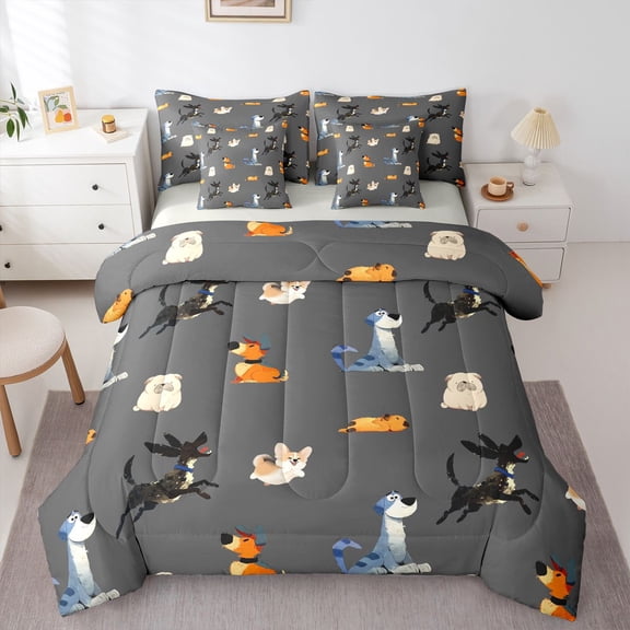 Homewish Pug Corgi Dachshund 7 Pieces Full Size Bedding Sets,Cute Dogs Full Size Bed in a Bag,Gray,Light Gray Reversible