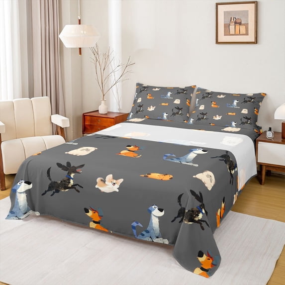Homewish Pug Corgi Dachshund Queen Sheets,Cute Dogs Queen Sheet Sets,Gray,4-Piece,1 Flat Sheet, 1 Fitted Sheet and 2 Pillowcases