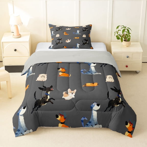 Homewish Pug Corgi Dachshund Twin Comforter Sets,Cute Dogs Bedding Set,Gray,Light Gray Reversible,2 Pieces,1 Comforter and 1 Pillowcase