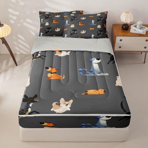 Homewish Pug Corgi Dachshund Zipper Queen Comforter Set with Fitted Sheet and 2 Pillowcases,Cute Dogs Zipper Bedding Set,Gray,Light Gray Reversible,4pcs