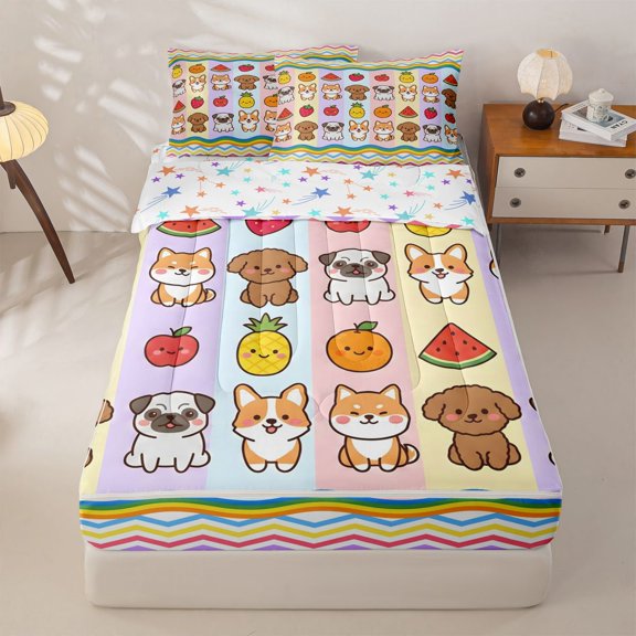 Homewish Pug Corgi Poodle Zipper Twin Comforter Sets with Fitted Sheet and 2 Pillowcases,Pineapple Strawberry Fruit Zipper Bedding Set,Rainbow Stripe Decor,Colorful Stars Reversible,4pcs
