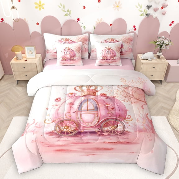 Homewish Pumpkin Carriage 7-Piece Twin Bedding Sets,Fairy Tale Princess Bedding Comforter Set,Pink White Sheet Sets For Girls Teens,Microfiber Bedroom Decor Reversible