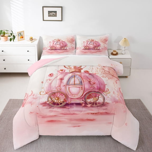 Homewish Pumpkin Carriage Bedding Comforter Set,Fairy Tale Princess Twin Comforter Sets,Pink White Bedding Set For Girls Teens,Microfiber Bedroom Decor Reversible,2 Pieces