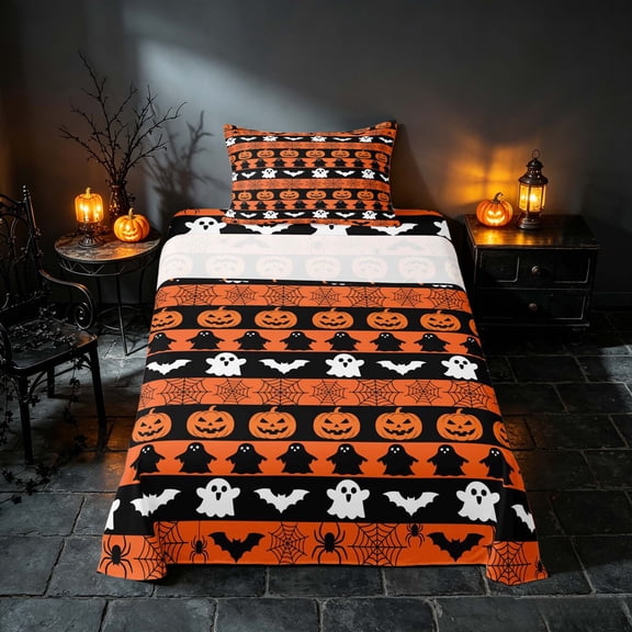 Homewish Pumpkin Ghost Stripe Twin Sheets, Happy Halloween Bedding, Black Orange White, 3pcs (1 Flat Sheet, 1 Fitted Sheet and 1 Pillowcase)