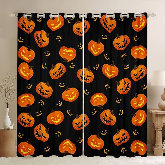 Homewish Pumpkin Lantern Blackout Curtains Set of 2 (52x84 Each), Happy Halloween Curtain, Black Orange Yellow