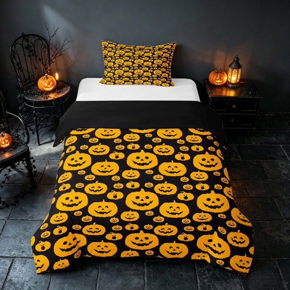 Homewish Pumpkin Lantern Twin Duvet Cover, Halloween Twin Bedding, Black Orange, Black Reversible 2pcs, 1 Duvet Cover and 1 Pillowcase