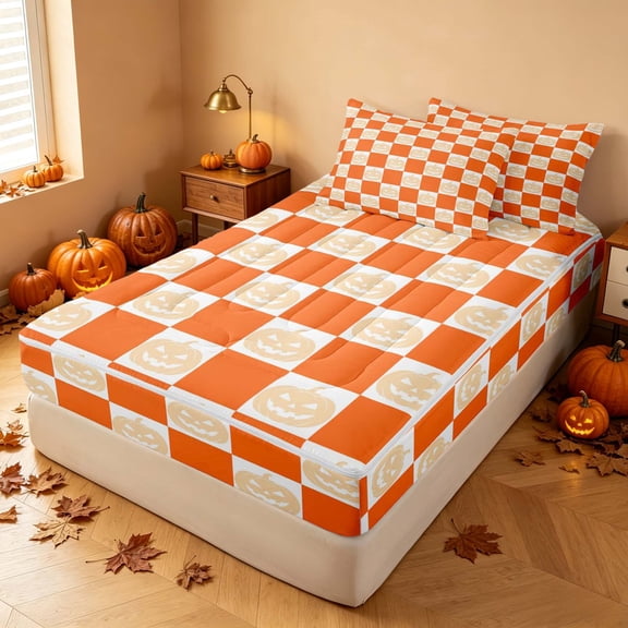 Homewish Pumpkin Plaid Zipper Twin Comforter Sets with Fitted Sheet and 2 Pillowcases, Happy Halloween Zipper Bedding Set, Orange Cream White, Pumpkin Bat Reversible