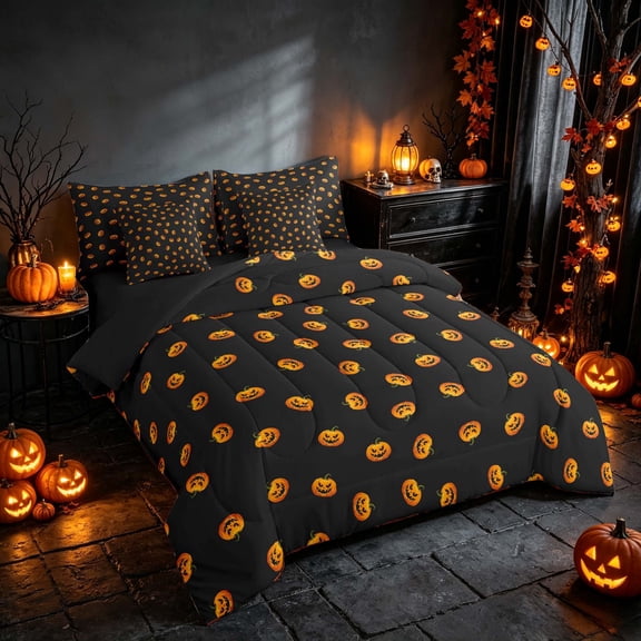 Homewish Pumpkin Twin Bedding, Happy Halloween Bedding Comforter Set, Black Orange, Black Reversible 7 Pieces