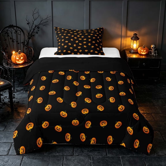 Homewish Pumpkin Twin Comforter Sets, Happy Halloween Bedding Set, Black Orange, Black Reversible, 2 Pieces 1 Comforter and 1 Pillowcase