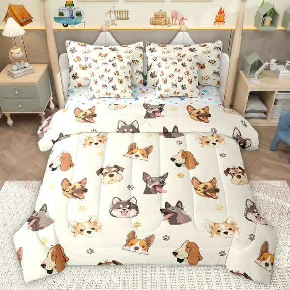 Homewish Puppy Dog 7-Piece Twin Bedding Sets,Pet Corgi Bedding Comforter Set,Beige Brown Sheet Sets For Boys Kids,Super Cozy Room Decor Reversible