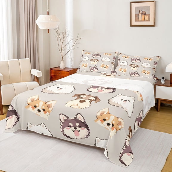 Homewish Puppy Dog Bed Sheets,Pet Animal King Sheets,Brown Gray Sheet Set For Boys Kids,4pcs