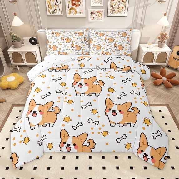 Homewish Puppy Dog Bedding Comforter Set,Kawaii Corgi Twin Comforter Sets,Orange White Bedding Set For Boys Girls,Lightweight Room Decor Reversible,2-Piece