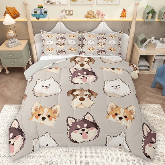Homewish Puppy Brown Gray Twin 2-Piece Reversible Boys Kids Super Cozy Animal Comforter Set