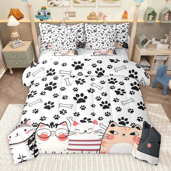 Homewish Puppy Dog Paws 7-Piece Bedding Comforter Set,Kawaii Cat King Bedding Sets,White Black Bed Sheets For Boys Girls,Lightweight Room Decor Reversible