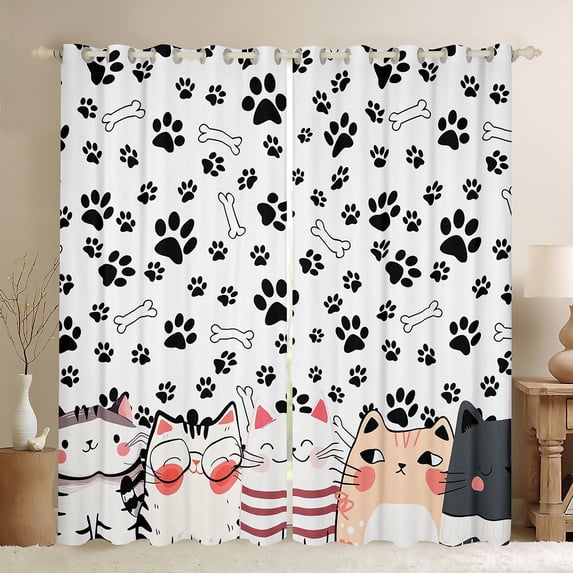 Homewish Puppy Dog Paws Black Out Curtains,Kawaii Cat Curtains Pack of 2 (42x63 Each),White Black Bedroom Curtains For Boys Girls,Lightweight Room Decor