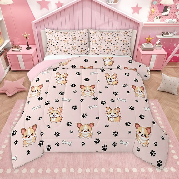 Homewish Puppy Dog Printed Queen Comforter Set,Pet Corgi Lovers Bedding Sets,Pink Black Beige Bedding Comforter Set For Boys,Luxury Bedroom Decor Reversible,3pcs