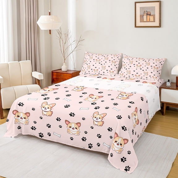 Homewish Puppy Dog Printed Queen Sheet Sets,Pet Corgi Lovers Flat Sheet,Pink Black Beige Queen Fitted Sheet For Boys,Luxury Bedroom Decor,4pcs