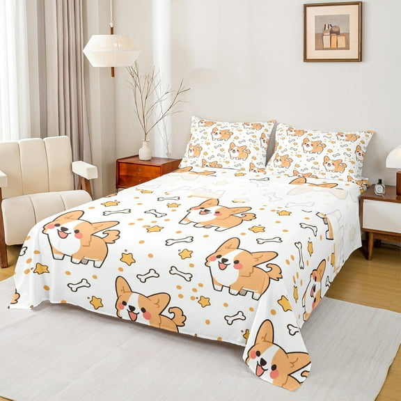 Homewish Puppy Dog Twin Sheet Sets,Kawaii Corgi Twin Fitted Sheet,Orange White 03 For Boys Girls,Lightweight Room Decor,3-Piece