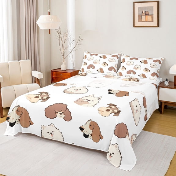 Homewish Puppy Dog Twin Sheet Sets,Pet Animal Twin Fitted Sheet,Brown White Flat Sheet For Boys Kids,Super Cozy Room Decor,3 Pieces