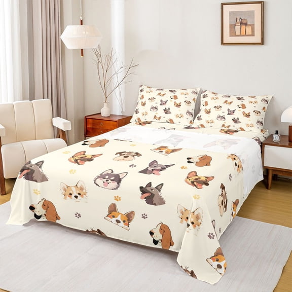 Homewish Puppy Dog Twin Sheet Sets,Pet Corgi Twin Fitted Sheet,Beige Brown Flat Sheet For Boys Kids,Super Cozy Room Decor,3-Piece