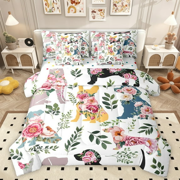 Homewish Puppy Dogs Silhoutte 7pcs Bedding Comforter Set,Retro Rustic Flower Queen Bedding Sets,Green Country Leaves Queen Sheet Sets For Boys Kids,Super Cozy Room Decor Reversible