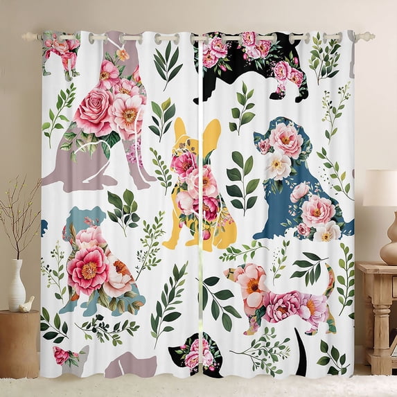 Homewish Puppy Dogs Silhoutte Black Out Curtains,Retro Rustic Flower Curtains Pack of 2 (42x63 Each),Green Country Leaves Bedroom Curtains For Boys Kids,Super Cozy Room Decor